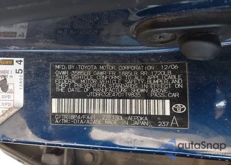 2007 Toyota Corolla Ce z USA, uszkodzony, nr VIN JTDBR32E470119835